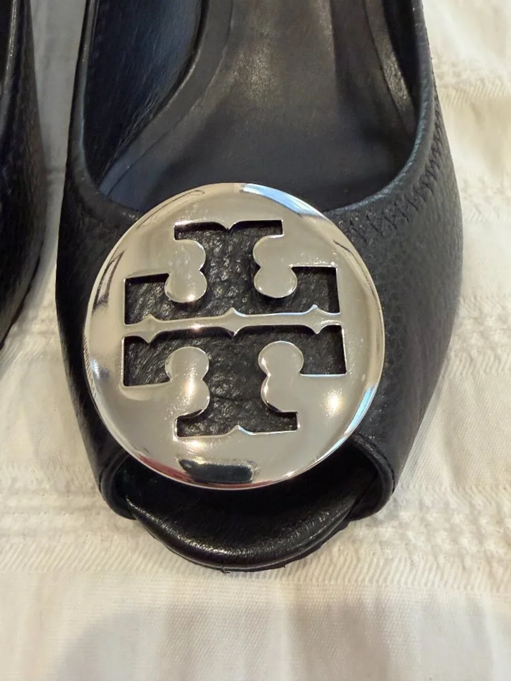 Tory Burch Sally Peep-Toe Leather Wedge Pumps Black Size 8M